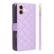 For iPhone 16 Crossbody Rhombic Zipper Tower Buckle Leather Phone Case with Lanyard(Purple)