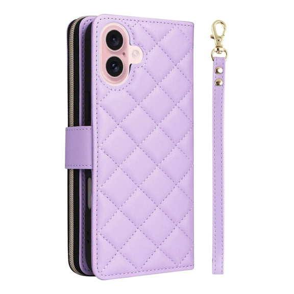 For iPhone 16 Crossbody Rhombic Zipper Tower Buckle Leather Phone Case with Lanyard(Purple)