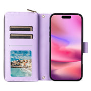 For iPhone 16 Crossbody Rhombic Zipper Tower Buckle Leather Phone Case with Lanyard(Purple)