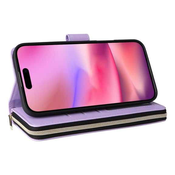 For iPhone 16 Crossbody Rhombic Zipper Tower Buckle Leather Phone Case with Lanyard(Purple)