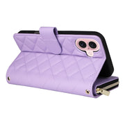 For iPhone 16 Crossbody Rhombic Zipper Tower Buckle Leather Phone Case with Lanyard(Purple)