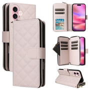For iPhone 16 Crossbody Rhombic Zipper Tower Buckle Leather Phone Case with Lanyard(Beige)