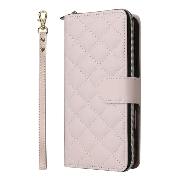 For iPhone 16 Crossbody Rhombic Zipper Tower Buckle Leather Phone Case with Lanyard(Beige)