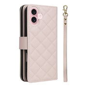For iPhone 16 Crossbody Rhombic Zipper Tower Buckle Leather Phone Case with Lanyard(Beige)