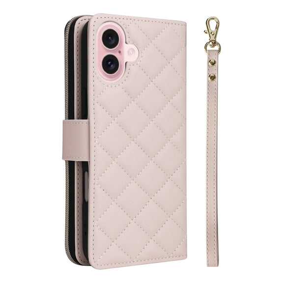 For iPhone 16 Crossbody Rhombic Zipper Tower Buckle Leather Phone Case with Lanyard(Beige)
