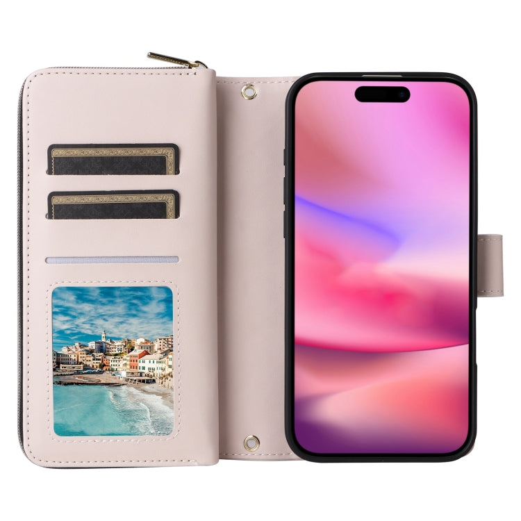 For iPhone 16 Crossbody Rhombic Zipper Tower Buckle Leather Phone Case with Lanyard(Beige) - iPhone 16 Cases by PMC TechLife | Online Shopping South Africa | PMC TechLife | Buy Now Pay Later Mobicred