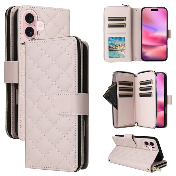 For iPhone 16 Crossbody Rhombic Zipper Tower Buckle Leather Phone Case with Lanyard(Beige)