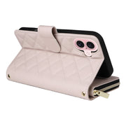 For iPhone 16 Crossbody Rhombic Zipper Tower Buckle Leather Phone Case with Lanyard(Beige)