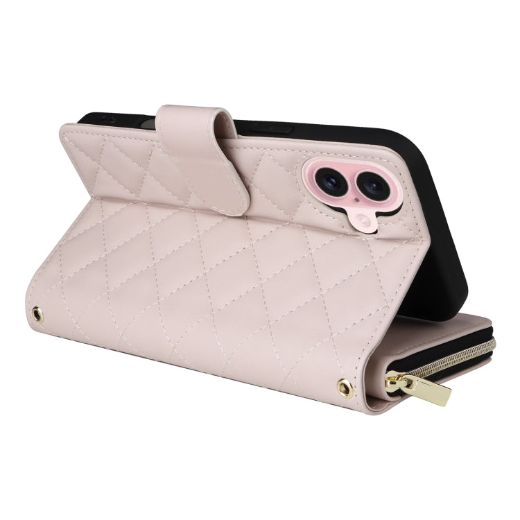 For iPhone 16 Crossbody Rhombic Zipper Tower Buckle Leather Phone Case with Lanyard(Beige)