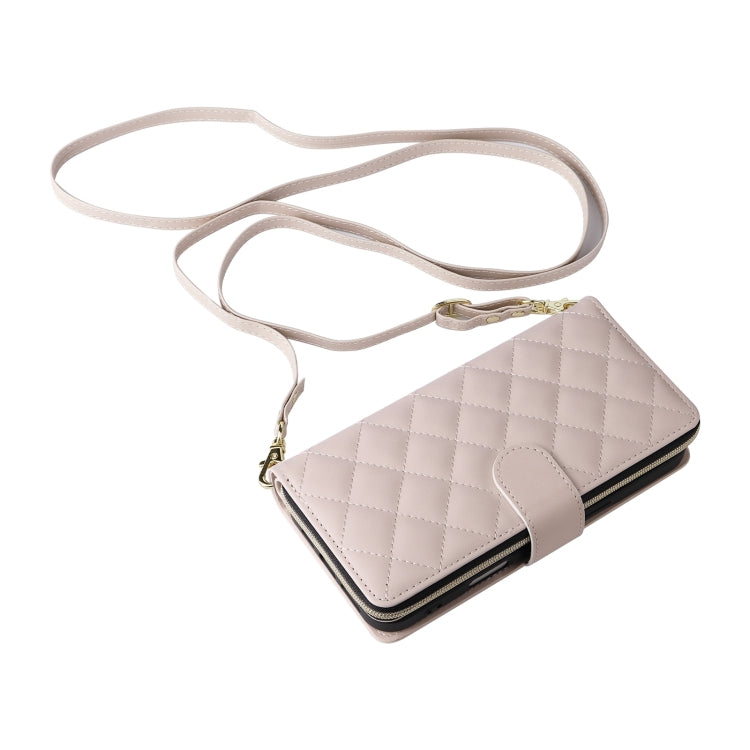 For iPhone 16 Crossbody Rhombic Zipper Tower Buckle Leather Phone Case with Lanyard(Beige)