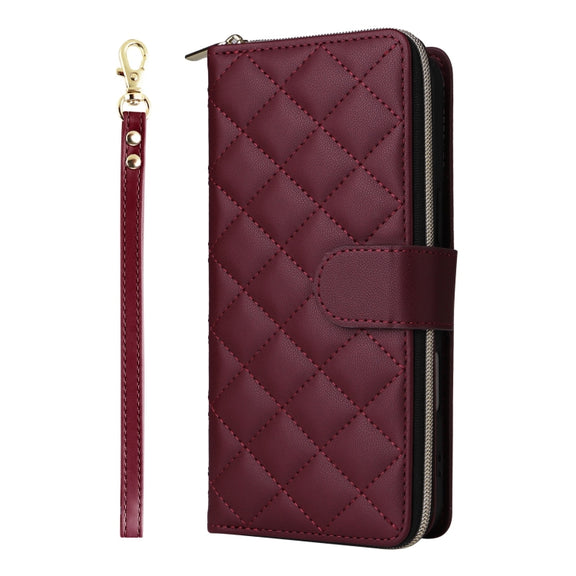 For iPhone 16 Crossbody Rhombic Zipper Tower Buckle Leather Phone Case with Lanyard(Wine Red)