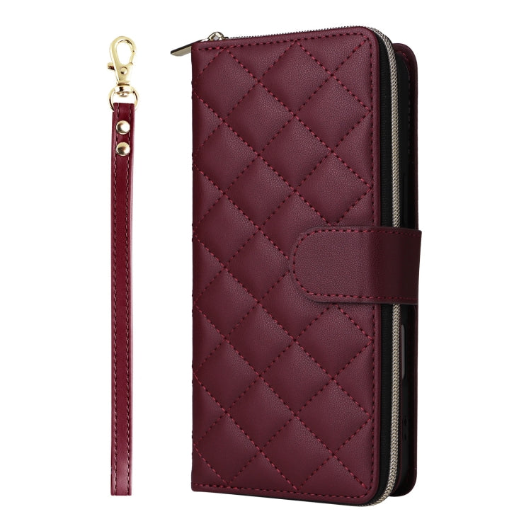 For iPhone 16 Crossbody Rhombic Zipper Tower Buckle Leather Phone Case with Lanyard(Wine Red)