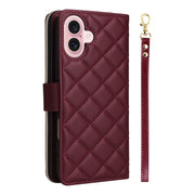 For iPhone 16 Crossbody Rhombic Zipper Tower Buckle Leather Phone Case with Lanyard(Wine Red)