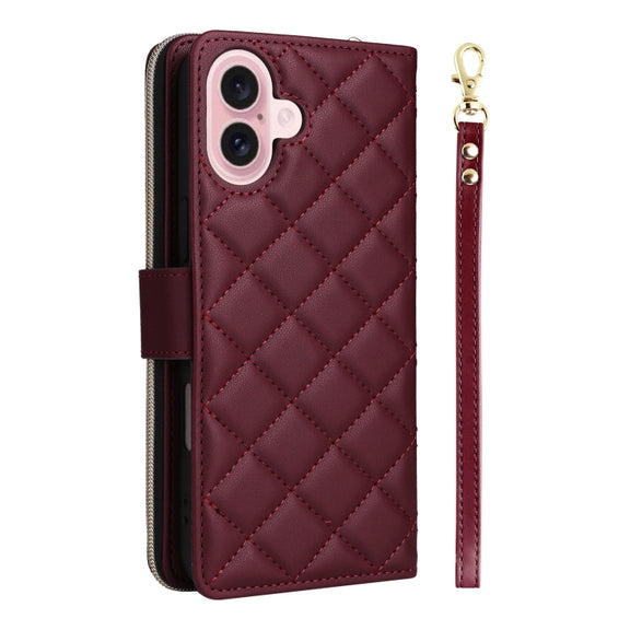 For iPhone 16 Crossbody Rhombic Zipper Tower Buckle Leather Phone Case with Lanyard(Wine Red)