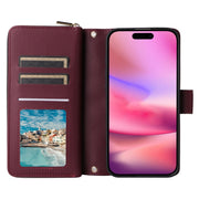 For iPhone 16 Crossbody Rhombic Zipper Tower Buckle Leather Phone Case with Lanyard(Wine Red)