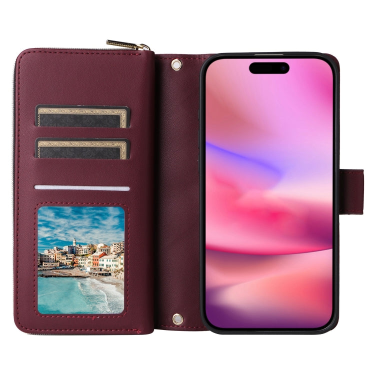 For iPhone 16 Crossbody Rhombic Zipper Tower Buckle Leather Phone Case with Lanyard(Wine Red)