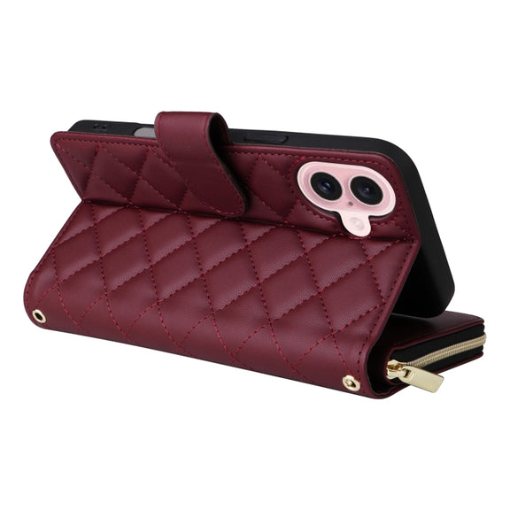 For iPhone 16 Crossbody Rhombic Zipper Tower Buckle Leather Phone Case with Lanyard(Wine Red)