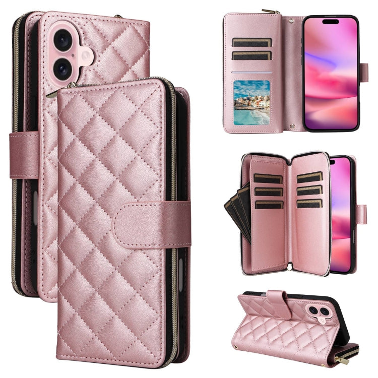 For iPhone 16 Crossbody Rhombic Zipper Tower Buckle Leather Phone Case with Lanyard(Rose Gold) - iPhone 16 Cases by PMC TechLife | Online Shopping South Africa | PMC TechLife | Buy Now Pay Later Mobicred