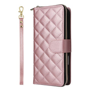 For iPhone 16 Crossbody Rhombic Zipper Tower Buckle Leather Phone Case with Lanyard(Rose Gold)