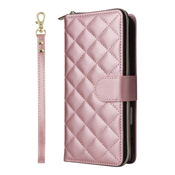 For iPhone 16 Crossbody Rhombic Zipper Tower Buckle Leather Phone Case with Lanyard(Rose Gold)