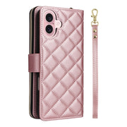 For iPhone 16 Crossbody Rhombic Zipper Tower Buckle Leather Phone Case with Lanyard(Rose Gold)