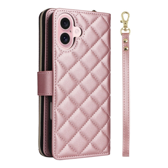 For iPhone 16 Crossbody Rhombic Zipper Tower Buckle Leather Phone Case with Lanyard(Rose Gold)