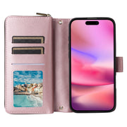 For iPhone 16 Crossbody Rhombic Zipper Tower Buckle Leather Phone Case with Lanyard(Rose Gold)