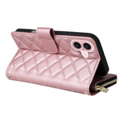 For iPhone 16 Crossbody Rhombic Zipper Tower Buckle Leather Phone Case with Lanyard(Rose Gold)
