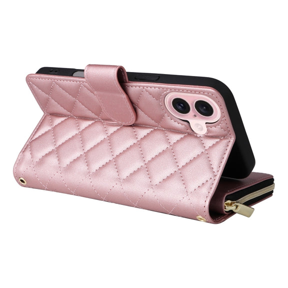 For iPhone 16 Crossbody Rhombic Zipper Tower Buckle Leather Phone Case with Lanyard(Rose Gold)