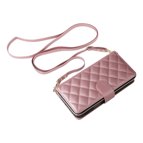 For iPhone 16 Crossbody Rhombic Zipper Tower Buckle Leather Phone Case with Lanyard(Rose Gold)