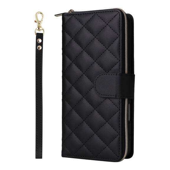 For iPhone 16 Crossbody Rhombic Zipper Tower Buckle Leather Phone Case with Lanyard(Black)