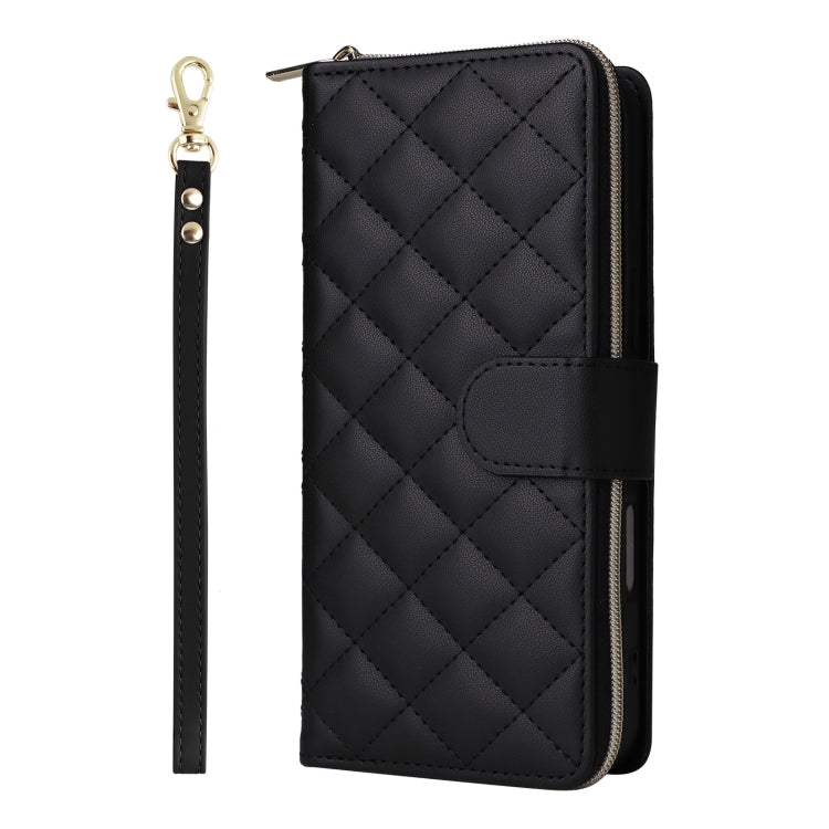 For iPhone 16 Crossbody Rhombic Zipper Tower Buckle Leather Phone Case with Lanyard(Black)