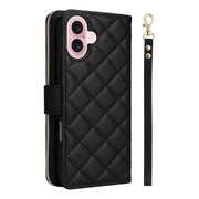 For iPhone 16 Crossbody Rhombic Zipper Tower Buckle Leather Phone Case with Lanyard(Black)