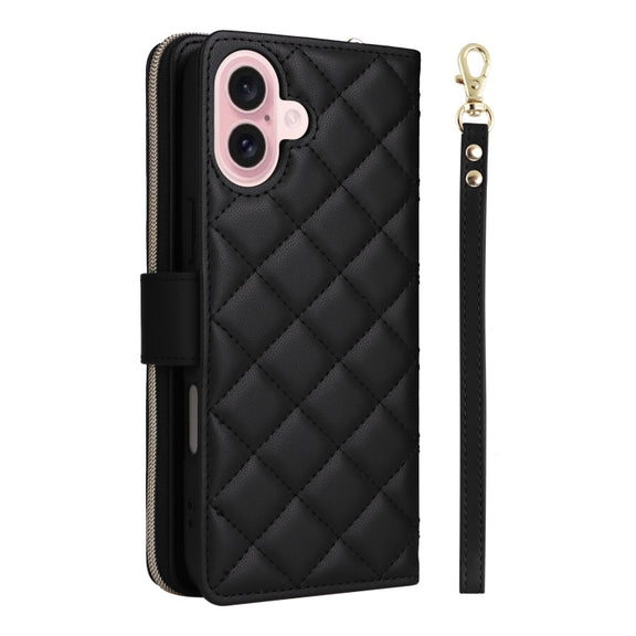 For iPhone 16 Crossbody Rhombic Zipper Tower Buckle Leather Phone Case with Lanyard(Black)