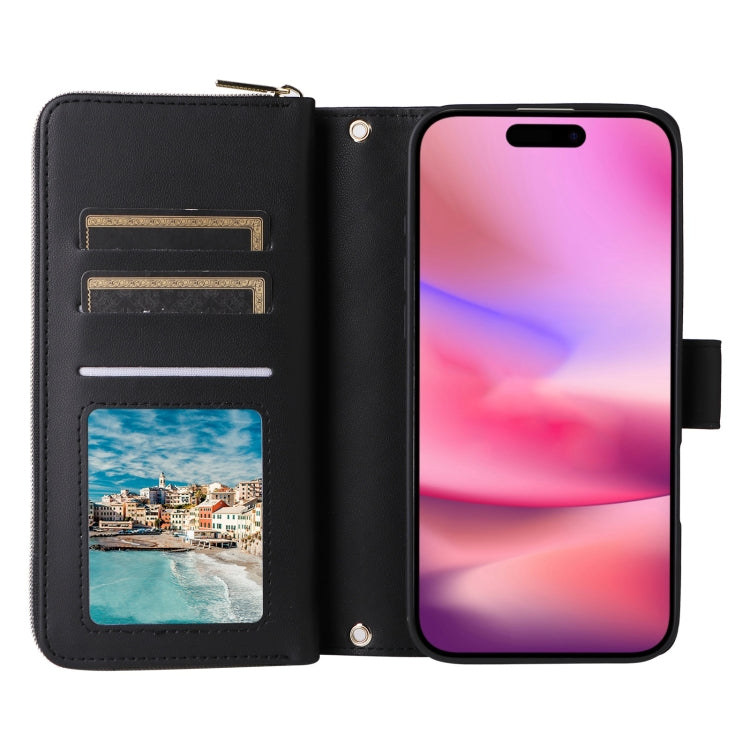 For iPhone 16 Crossbody Rhombic Zipper Tower Buckle Leather Phone Case with Lanyard(Black) - iPhone 16 Cases by PMC TechLife | Online Shopping South Africa | PMC TechLife | Buy Now Pay Later Mobicred