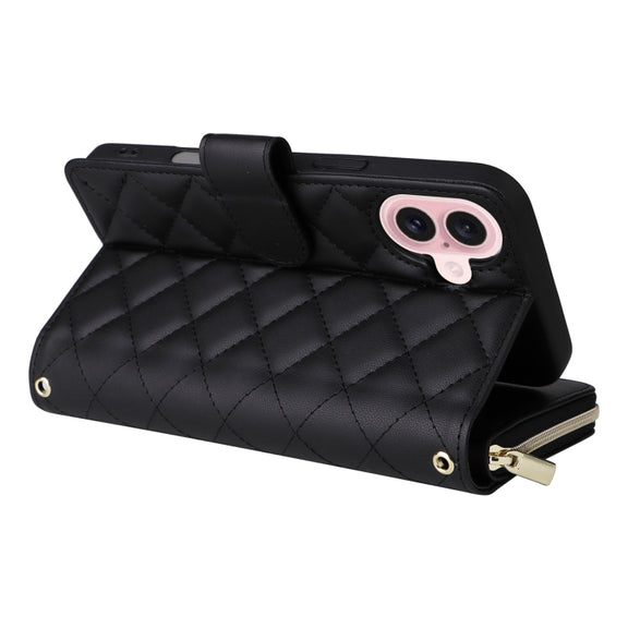 For iPhone 16 Crossbody Rhombic Zipper Tower Buckle Leather Phone Case with Lanyard(Black)