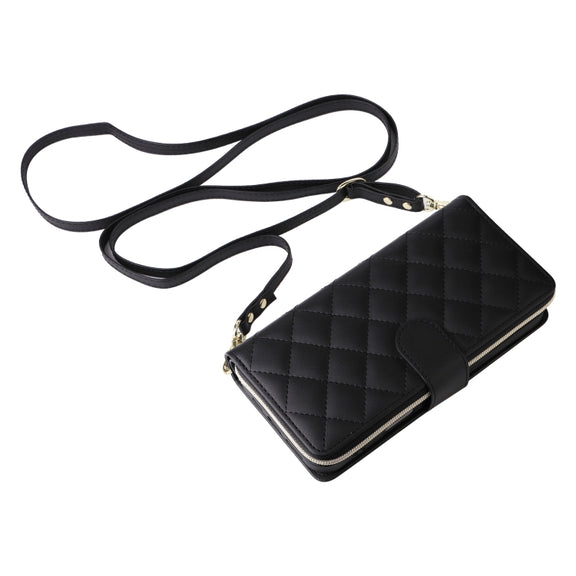 For iPhone 16 Crossbody Rhombic Zipper Tower Buckle Leather Phone Case with Lanyard(Black)