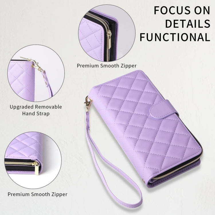 For Samsung Galaxy S24 5G Crossbody Rhombic Zipper Tower Buckle Leather Phone Case with Lanyard(Purple)