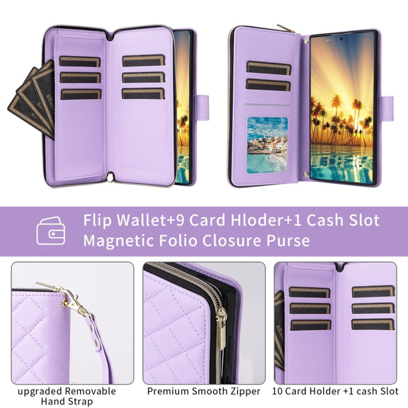 For Samsung Galaxy S24 5G Crossbody Rhombic Zipper Tower Buckle Leather Phone Case with Lanyard(Purple)