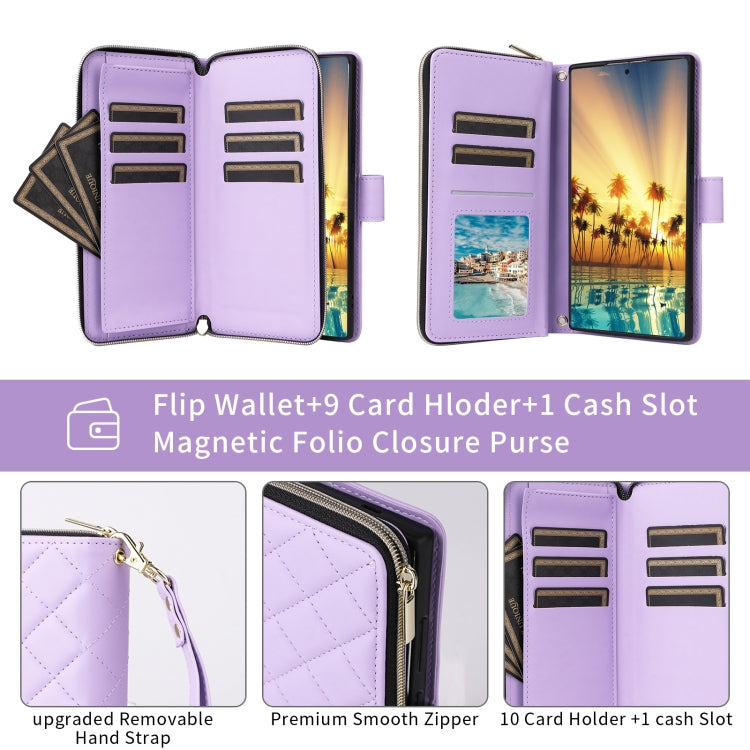 For Samsung Galaxy S24 5G Crossbody Rhombic Zipper Tower Buckle Leather Phone Case with Lanyard(Purple)
