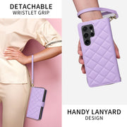 For Samsung Galaxy S24 5G Crossbody Rhombic Zipper Tower Buckle Leather Phone Case with Lanyard(Purple)