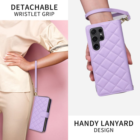 For Samsung Galaxy S24 5G Crossbody Rhombic Zipper Tower Buckle Leather Phone Case with Lanyard(Purple)