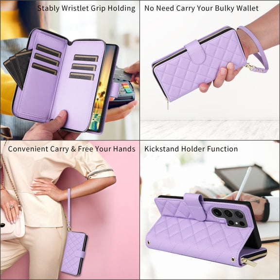 For Samsung Galaxy S24 5G Crossbody Rhombic Zipper Tower Buckle Leather Phone Case with Lanyard(Purple)