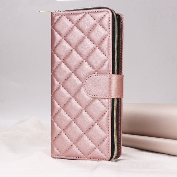 For Samsung Galaxy S24 5G Crossbody Rhombic Zipper Tower Buckle Leather Phone Case with Lanyard(Rose Gold)