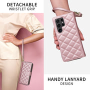 For Samsung Galaxy S24 5G Crossbody Rhombic Zipper Tower Buckle Leather Phone Case with Lanyard(Rose Gold)