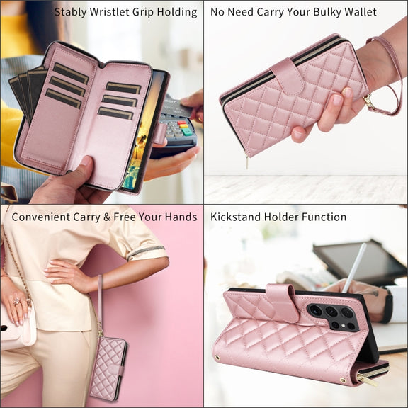 For Samsung Galaxy S24 5G Crossbody Rhombic Zipper Tower Buckle Leather Phone Case with Lanyard(Rose Gold)