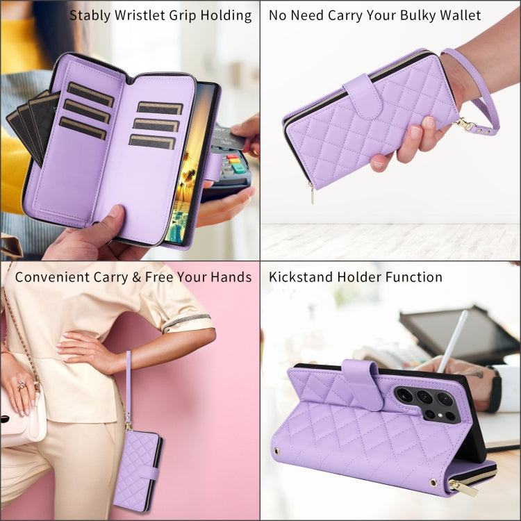 For Samsung Galaxy S24+ 5G Crossbody Rhombic Zipper Tower Buckle Leather Phone Case with Lanyard(Purple)