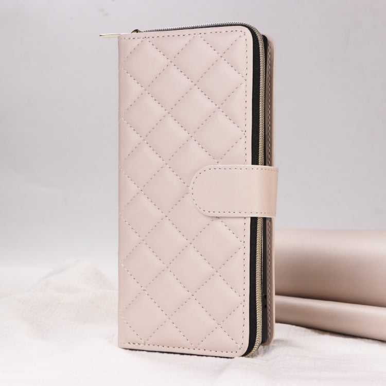 For Samsung Galaxy S24+ 5G Crossbody Rhombic Zipper Tower Buckle Leather Phone Case with Lanyard(Beige)