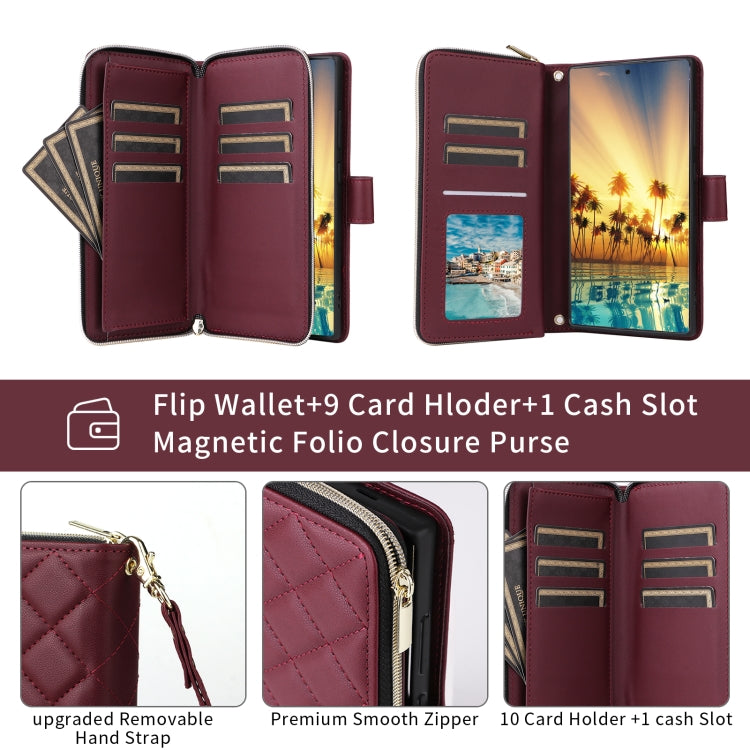 For Samsung Galaxy S24+ 5G Crossbody Rhombic Zipper Tower Buckle Leather Phone Case with Lanyard(Wine Red)