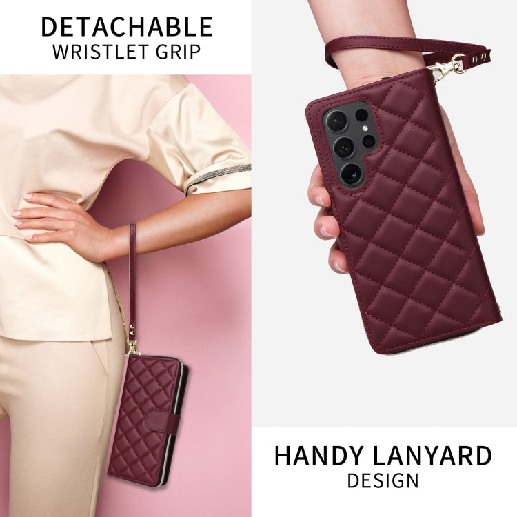 For Samsung Galaxy S24+ 5G Crossbody Rhombic Zipper Tower Buckle Leather Phone Case with Lanyard(Wine Red)